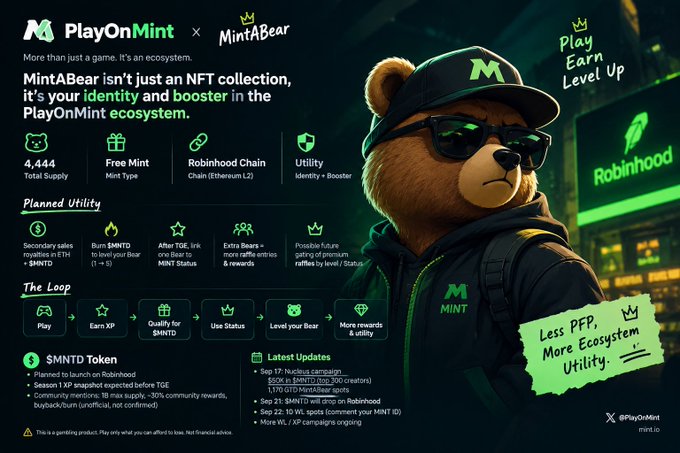 An informational graphic for "PlayOnMint" featuring a bear character in a green cap and sunglasses, detailing an NFT collection and $MNTD Token plans, alongside "Robinhood Chain" branding.