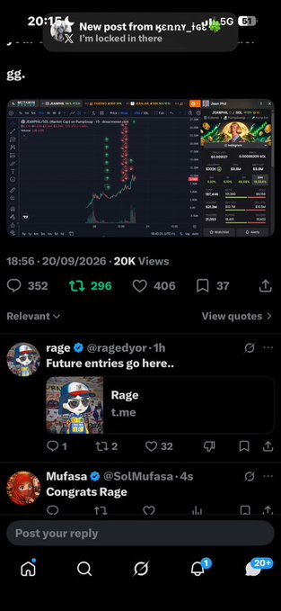 A screenshot of an X feed showing a post by @ycnny_iq6 captioned 'I'm locked in there' with a crypto chart, alongside a reply from 'rage' and 'Mufasa' congratulating them.