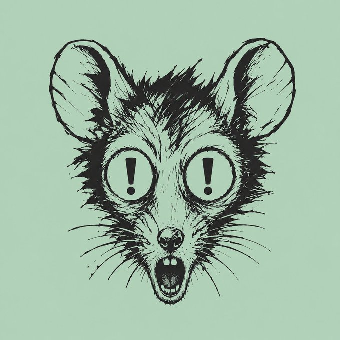 A stylized black ink illustration of a shocked-looking rodent/mouse with large round ears and exclamation marks for eyes on a pale green background.