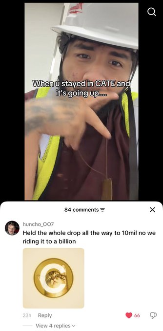 The image shows a man wearing a hard hat and high-visibility vest with the caption "When u stayed in CATE and it's going up....." while pointing downward, suggesting the price is set to rise. A comment from "huncho_007" replies "Held the whole drop all the way to 10mil now we riding it to a billion" with 66 likes, reinforcing the bullish sentiment toward the $CATE token.