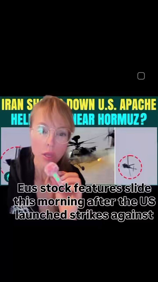 The image features a woman wearing glasses, who appears to be talking about a stock market event or news related to Iran's stock market. The text in the image reads "Iran Shourei down U.S. Apache; Helium; Eus stock features slide this morning after the US launched strikes against it". This suggests that there might have been an incident involving Iran and the United States, which could be affecting the stock market or causing a change in the market trends.