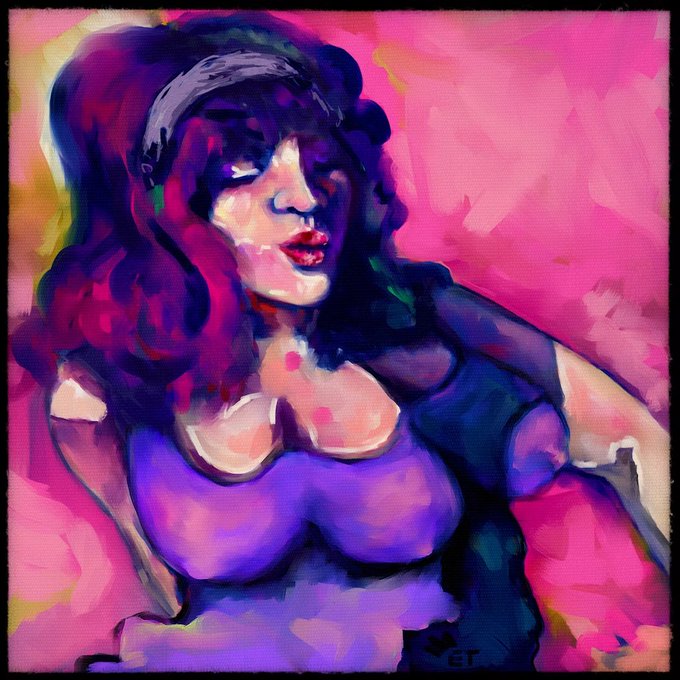 A vibrant digital painting of a woman with dark curly hair and a headband, rendered in bold pink, purple, and blue tones.