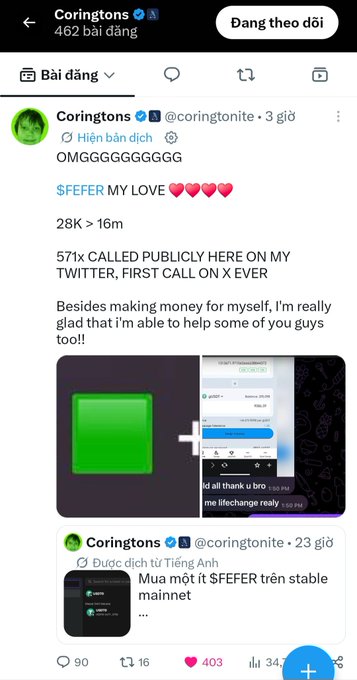 Twitter/X post from @coringtonite (Coringtons) promoting the $FEFER token with 'OMGGGGGGGGGG $FEFER MY LOVE', mentioning it called publicly on Twitter and helping others make money.