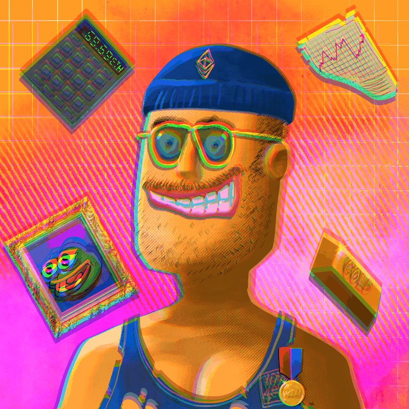The image features a cartoon man with a beard wearing sunglasses, glasses, and a hat. He has a gold medal around his neck and a gold chain around his neck. The background of the image is pink and orange, which gives it an artistic and colorful appearance. There are also some objects in the image that include a calculator, a book, and a picture frame with a cartoon character on it. The post includes text that reads "I got a Pepe on one of my BAGHOLDERS by @kingxerox5".