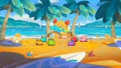 A vibrant cartoon beach scene features palm trees, ocean waves, and colorful Axie creatures with a balloon cluster overhead, evoking a playful tropical marketplace vibe that ties to the post's promotion of buying and collecting Axies on the Axie Infinity marketplace.
