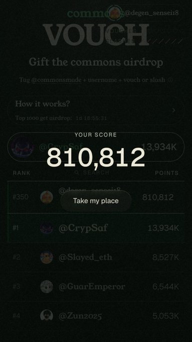 The image shows a "VOUCH" leaderboard for the Commons airdrop, where user @degen_sensei8 has earned 810,812 points, ranking #350 behind top holders like @CrypSaf (13,934K). This relates to the post's question about vouch counts, as the user is 189,188 points away from reaching their goal of 1 million points.
