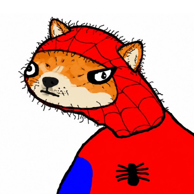 A digital illustration of a Shiba Inu dog dressed in a Spider-Man costume, featuring a grumpy expression with the red and blue superhero suit and spider emblem visible.