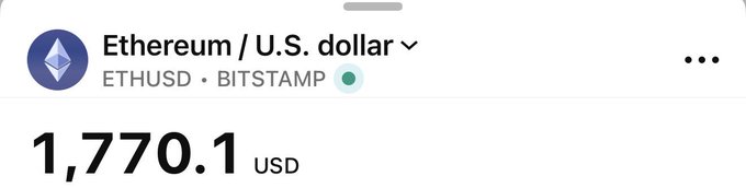 The image shows a Robinhood trading screen displaying the Ethereum (ETHUSD) price on Bitstamp at $1,770.1 USD. Accompanying the post's claim that "Ethereum is the internet's America," the snapshot captures the cryptocurrency's dollar valuation, visually reinforcing the idea of Ethereum as a dominant digital "nation" with its own measurable economic standing against the U.S. dollar.