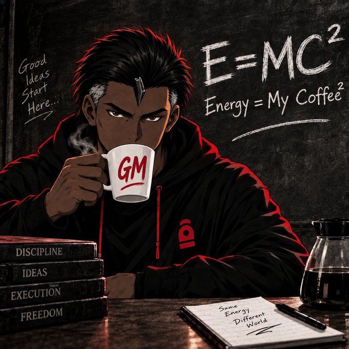 An anime-style illustration of a serious dark-haired young man drinking from a white mug labeled 'GM', with a chalkboard behind him reading 'E=MC² Energy = My Coffee²' and 'Good Ideas Start Here...', books labeled 'DISCIPLINE', 'IDEAS', 'EXECUTION', 'FREEDOM' beside him, and a notebook reading 'Same Energy Different World'.