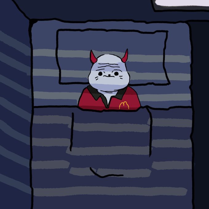 A cartoon devil character with red horns, wearing a red McDonald's-style uniform, peeks out from under blue striped covers in a bed, matching the playful "GN SEXY PEOPLE" greeting with its mischievous grin.