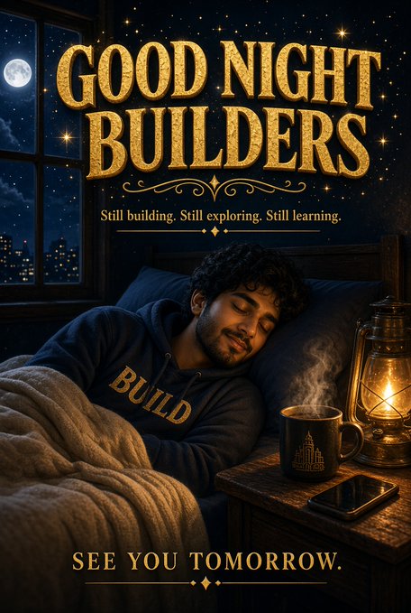 A promotional poster titled 'GOOD NIGHT BUILDERS' with the tagline 'Still building. Still exploring. Still learning.' and 'SEE YOU TOMORROW.', featuring a young man sleeping in a hoodie labeled 'BUILD' beside a steaming mug and lantern.