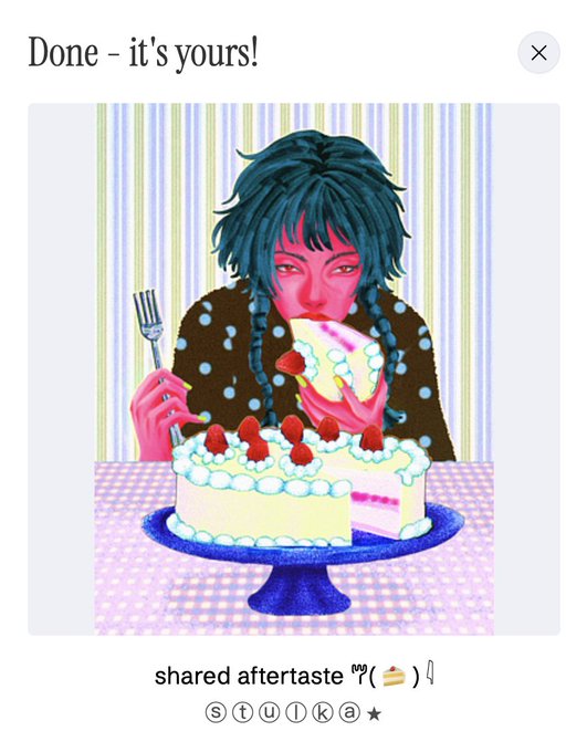 A mobile app interface titled 'Done - it's yours!' displaying an illustration of a blue-haired girl eating a slice of cake, with the text 'shared aftertaste' and the username 'stukay'.