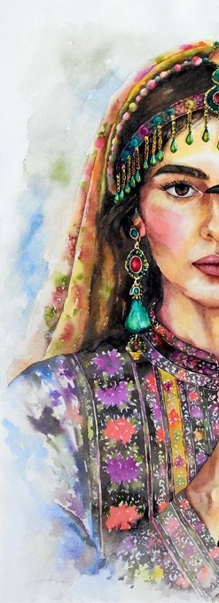 A detailed watercolor portrait of a woman wearing a colorful beaded headdress, ornate jewelry with a green gemstone, and a vibrantly patterned traditional outfit.