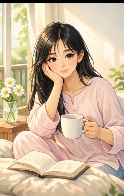 An illustration of a woman in pajamas holding a mug while reading a book in a sunlit room.