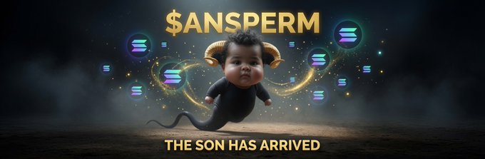 A banner featuring a baby with ram horns and a devil tail, labeled '$ANSPERM' with the text 'THE SON HAS ARRIVED' on a dark background with glowing icons.