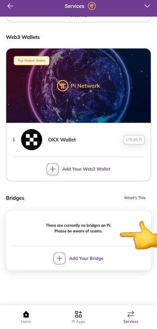 A screenshot of the Pi Network Services page showing a Web3 Wallets section with an OKX Wallet (179.89 Pi) and a Bridges section displaying a warning that "There are currently no bridges on Pi" with a pointing emoji hand, illustrating the post's discussion about the current lack of blockchain bridges on Pi Network.