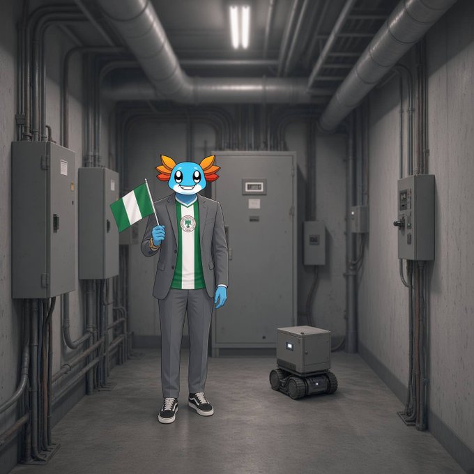 An axolotl mascot wearing a suit proudly waves the green and white Nigerian flag while standing in an industrial utility room with electrical panels, pipes, and a small robot—fittingly celebrating Nigerian Independence Day during a maintenance check.