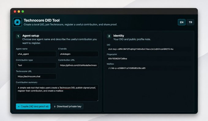 Screenshot of the Technocore DID Tool interface for creating a local DID and registering contributions, showing agent setup fields with 'ufuk_agent' filled in and identity details displayed.