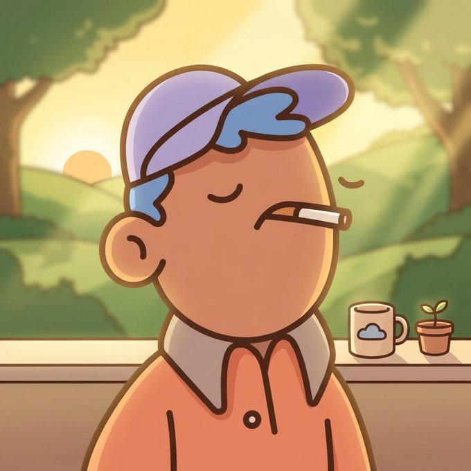 A cartoon illustration of a man with blue hair smoking a cigarette, with a peaceful smile, sitting in front of a window showing a sunset landscape, with a mug and small plant on the sill.