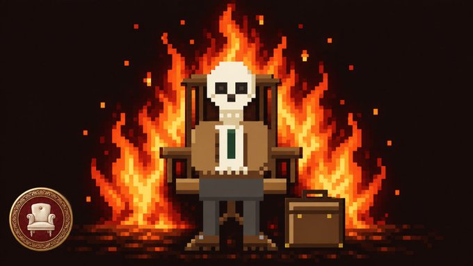 Pixel art illustration of a skeleton character wearing a tie, sitting in a chair surrounded by flames with a briefcase beside it, featuring a decorative chair icon in the corner.