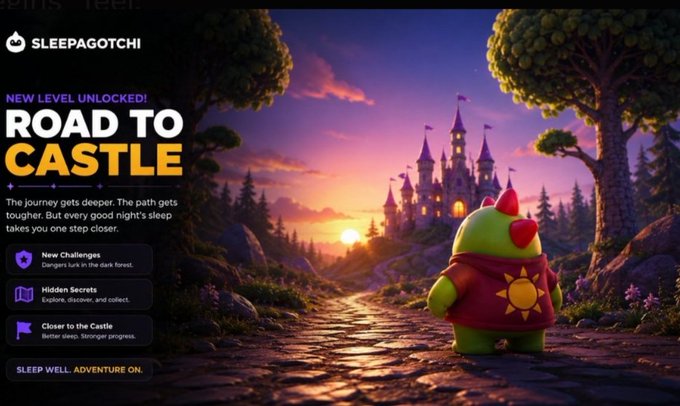 A 'Sleepagotchi' promotional graphic announcing 'NEW LEVEL UNLOCKED! ROAD TO CASTLE' featuring a green character with a sun symbol on its back, looking toward a castle at sunset, with text about new challenges, hidden secrets, and sleeping better.