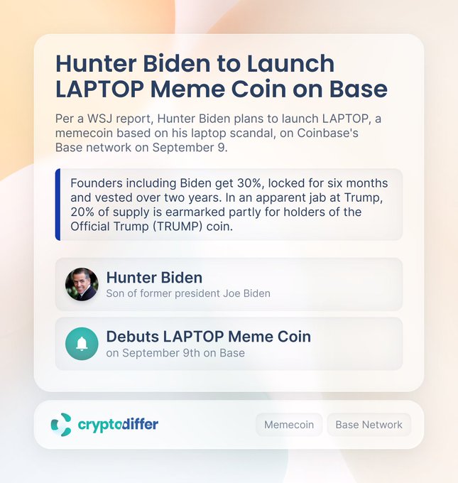 The image displays a CryptoDiffer news graphic announcing Hunter Biden's plan to launch the LAPTOP meme coin on Coinbase's Base network on September 9, featuring details that founders receive 30% of supply (locked for six months and vested over two years) while 20% is earmarked for holders of the Official Trump (TRUMP) coin, directly matching the accompanying post about the $LAPTOP memecoin launch.
