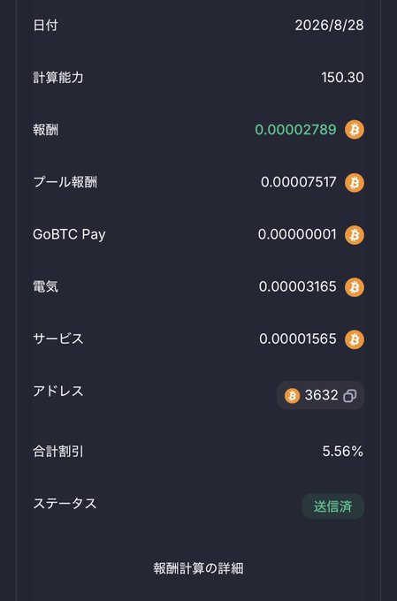 A dark-themed dashboard showing mining/rewards data dated 2026/8/28, including calculation power 150.30, reward of 0.00002789 BTC, pool fee, GoBTC Pay, electricity fee, service fee, address 3632, total discount 5.56%, and status marked as '送信済' (sent).