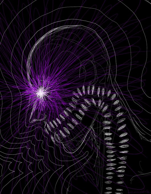 A digital artwork depicting a stylized skull with a bright purple light emanating from one eye socket, surrounded by radiating purple lines against a black background.