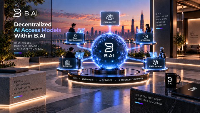 A promotional banner for B.AI advertising 'Decentralized AI Access Models Within B.AI' with a futuristic scene featuring a glowing sphere logo surrounded by connected hubs representing Open Access, Developers, AI Applications, Individual Users, and Businesses, with the tagline 'OPEN INTELLIGENCE FOR A MORE INCLUSIVE TOMORROW.'