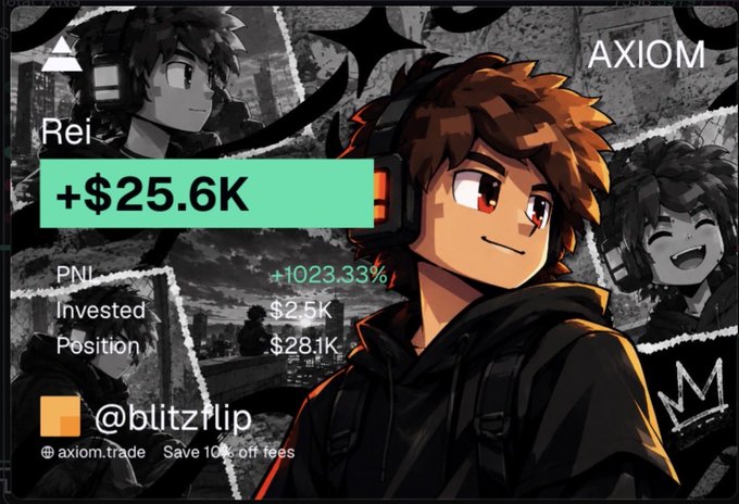 An animated trading card featuring the character 'Rei' shows a profit of '+$25.6K' with a +1023.33% return on the PNI token for user '@blitzrlip' on the AXIOM.trade platform.