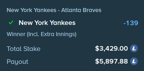 A betting slip on Stake shows a $3,429.00 wager on the New York Yankees to win (incl. extra innings) against the Atlanta Braves at -139 odds, with a potential payout of $5,897.88.