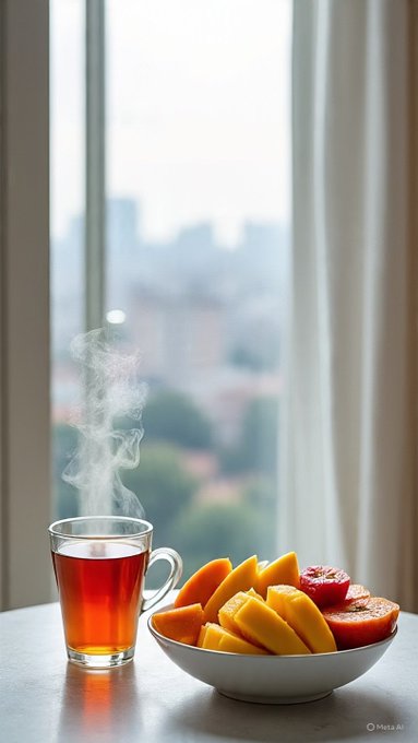 A warm still-life of a steaming cup of tea next to a bowl of sliced mango and other fruits, with a cityscape visible through the window.