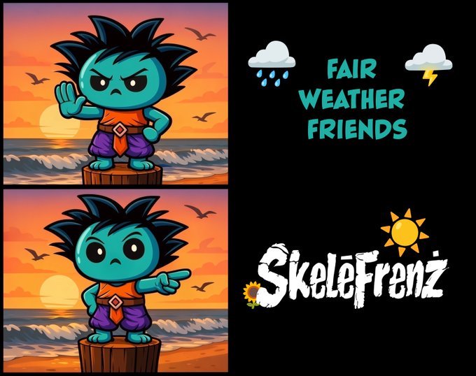 A collage featuring a blue, Goku-like cartoon character with spiky black hair in two poses on a beach with sunset, alongside text reading 'FAIR WEATHER FRIENDS' with weather icons and 'SkeleFrenz' with sun and flower icons.