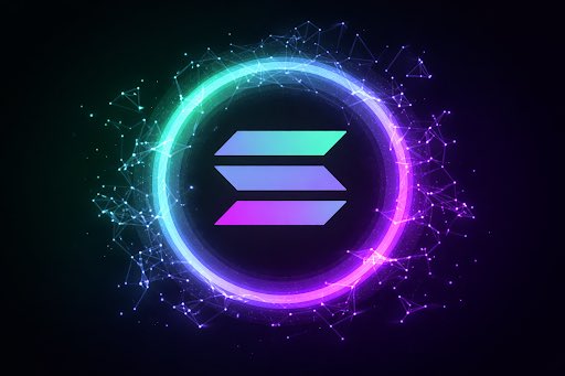 A glowing neon Solana (SOL) logo encircled by a colorful particle network, symbolizing the cryptocurrency's digital presence. The image visually reinforces the post's bullish thesis on Solana, contrasting it with Ethereum by highlighting SOL's distinct brand identity and suggesting it has the momentum to outperform in the next market cycle.