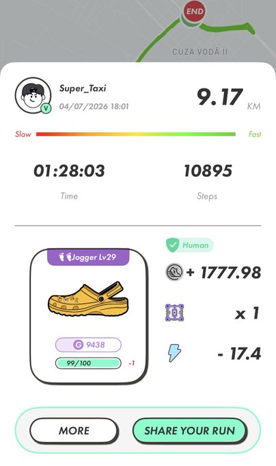 A mobile fitness/tracking app screenshot showing a completed "Super_Taxi" run of 9.17 km in 01:28:03 with 10,895 steps, earning a 'Logger Lv.29' wooden clog shoe NFT with stats G9438 and 99/100 durability.