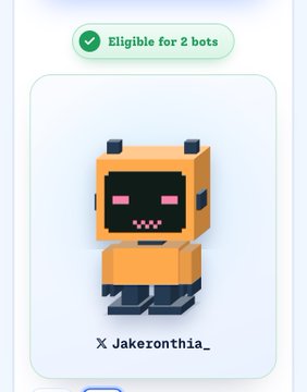 A blocky, voxel-style character labeled "X Jakerontha_" with a "Eligible for 2 bots" badge displayed above it.