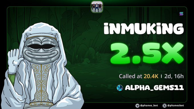 A crypto call card advertises 'iNMUKiNG' with a 2.5x multiplier, called at 20.4K, by ALPHA_GEMS11, featuring a white-robed character illustration.
