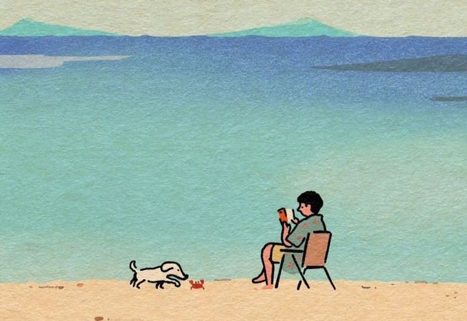 A minimalist watercolor-style illustration of a person sitting on a beach chair on a sandy shore with a small white dog, facing a calm blue sea.