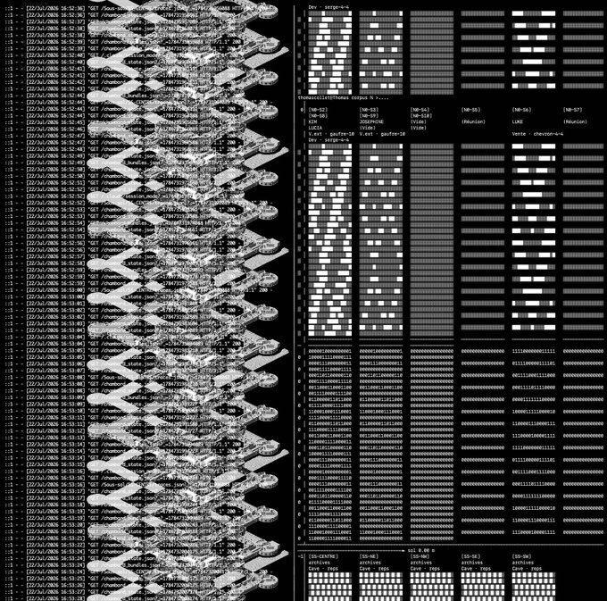 A terminal window displays a continuous scrolling pattern of timestamps, ASCII art, and commands like "gatto 16", next to a multi-pane text editor showing code with "UINT64" and "charron-a" visible.