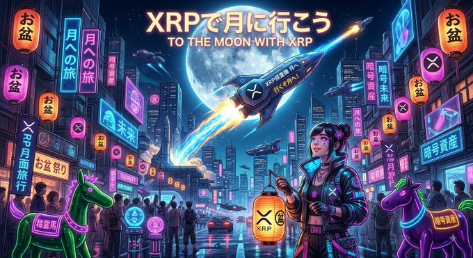 A vibrant cyberpunk-style digital illustration featuring Japanese neon signage and the text "XRPで月に行こう TO THE MOON WITH XRP," depicting a rocket adorned with the XRP logo launching into space.