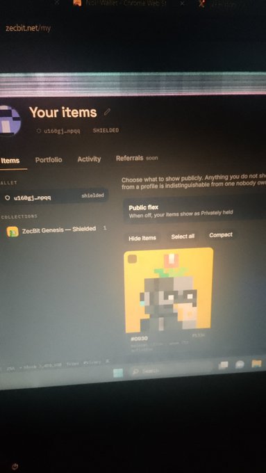 A screenshot of a Zora Web3 portfolio page showing items including a pixel art NFT collection titled 'ZecBit Genesis' under the wallet address ending in u1dq1-npqq.