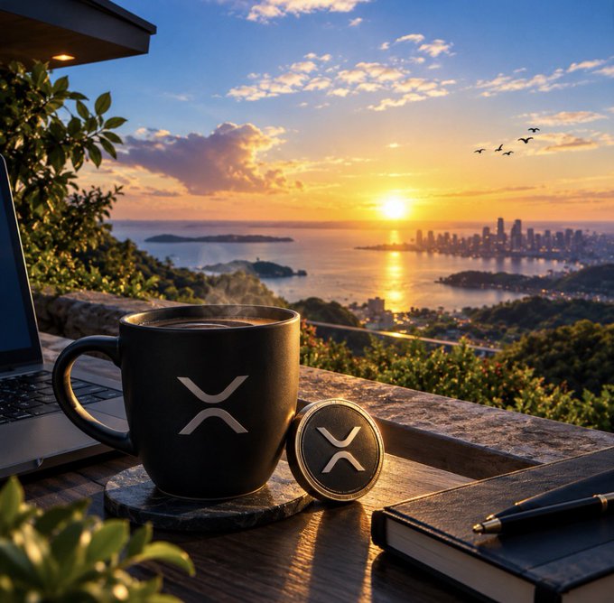 A black mug featuring the XRP logo sits on a stone coaster beside a laptop, overlooking a scenic sunset over a coastal city.