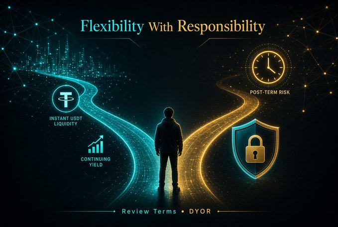 A figure stands at a crossroads between two glowing paths, one illustrating crypto loan benefits ("Instant USDT Liquidity," "Continuing Yield") and the other highlighting protective measures ("Post-Term Risk" with a shield icon), under the headline "Flexibility With Responsibility." The bottom note "Review Terms • DYOR" reinforces the message that using Binance Lite Loans as an alternative to selling offers flexibility but requires due diligence on terms and post-loan risk.