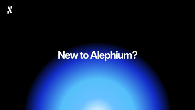 Dark screen with a blue glowing orb and text: "New to Alephium?" with an "X" logo in the corner.