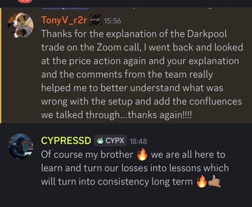 The image shows two people's profiles in an online discussion where one person is expressing gratitude for an explanation provided by another individual regarding the darkpool trade. The text messages, or "comments", posted by both users convey their appreciation, support, and interest in understanding the topic better. The main focus of this exchange appears to be on the darkpool trade within the context of the zoom call market, with users eager to learn more about the details behind the current trading conditions.
