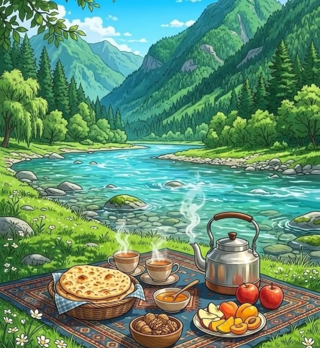 An illustrated anime-style scene of a riverside picnic in a mountain valley, featuring a kettle, two steaming teacups, flatbread in a basket, apples, sliced fruit, and nuts arranged on an ornate rug.