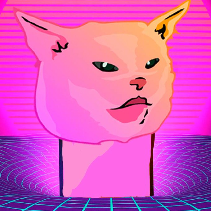 Digital illustration of a cat's head rendered in a pink/orange vaporwave aesthetic with horizontal pink stripes in the background and a neon grid floor.