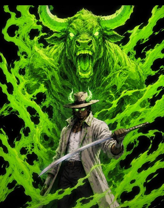 A digital illustration of a man in a tan trench coat and wide-brimmed hat holding a katana, surrounded by swirling green flames, with a giant, glowing-eyed green bull spirit looming behind him.