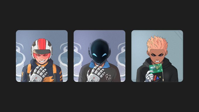 Three character cards are displayed side by side against a black background, each featuring a racer-style figure: one in an orange helmet with a red visor, a second in a sleek black helmet with glowing blue accents, and a third with spiky orange hair holding a green item labeled "BOT." The image showcases collectible digital character avatars, tying into the post's theme of collecting rare "racerz" for a personal vault.