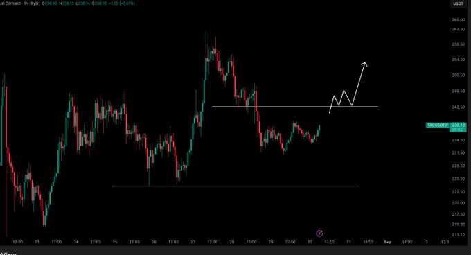 A 1-hour Bittensor (TAOUSDT) candlestick chart on Binance shows the price trading around $238.59, below a key horizontal resistance level near $243, with a hand-drawn arrow and zigzag pattern projecting a potential breakout and bullish continuation if that level is reclaimed.